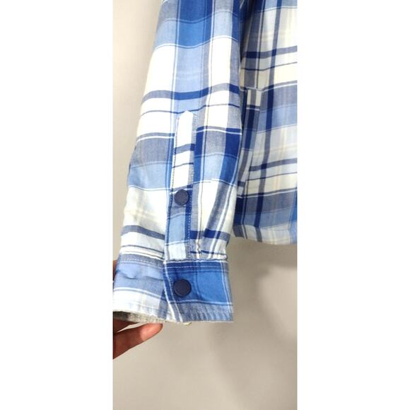 LL Bean Womens Flannel Fleece Lined Shirt Small Blue Plaid Jacket Shacket Button - Picture 7 of 11